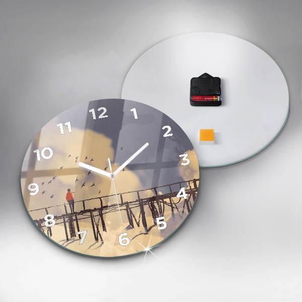 Zegar szklany okrągły Człowiek na starym moście