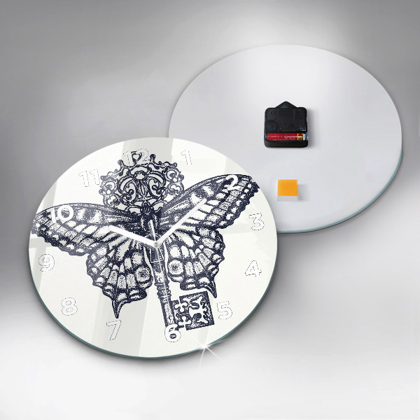 Zegar szklany okrągły Motyl i klucz – styl boho