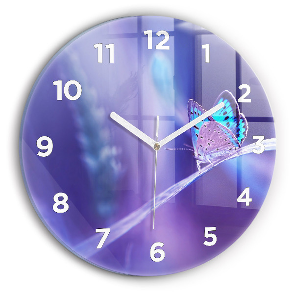Zegar szklany okrągły Motyl na trawie