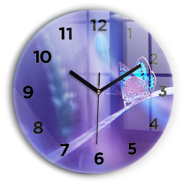 Zegar szklany okrągły Motyl na trawie