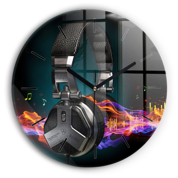 Zegar ścienny okrągły Słuchawki i fale dźwiękowe