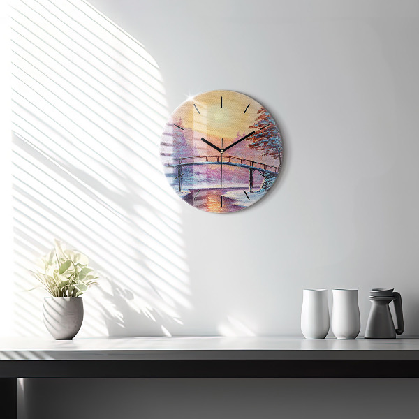 Zegar okrągły z nadrukiem Choinka i most