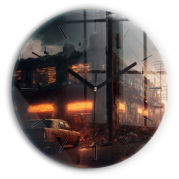 Zegar szklany okrągły Apokaliptyczny budynek