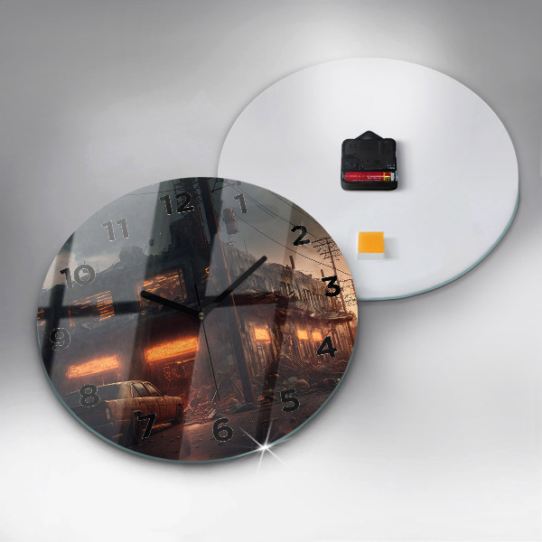 Zegar szklany okrągły Apokaliptyczny budynek