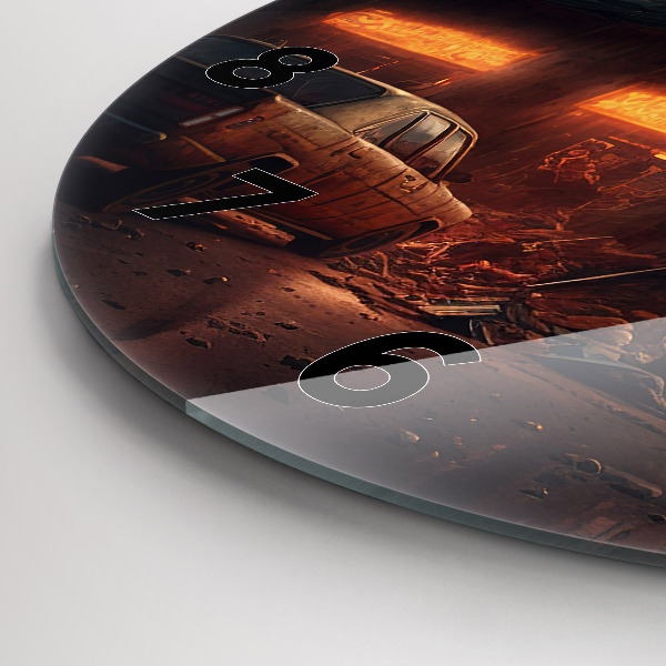 Zegar szklany okrągły Apokaliptyczny budynek