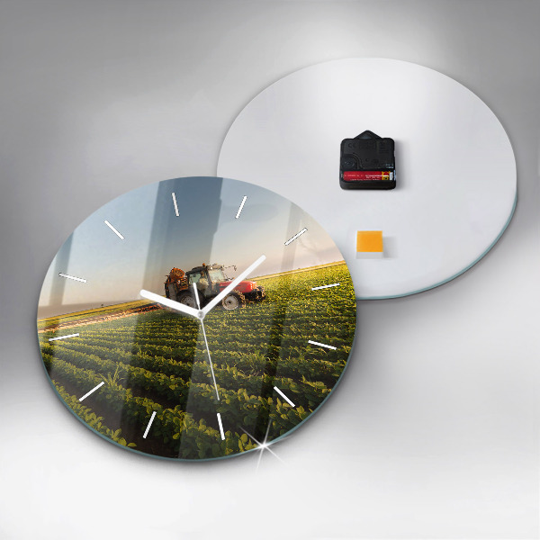 Zegar szklany okrągły Ciągnik na polu rolniczym