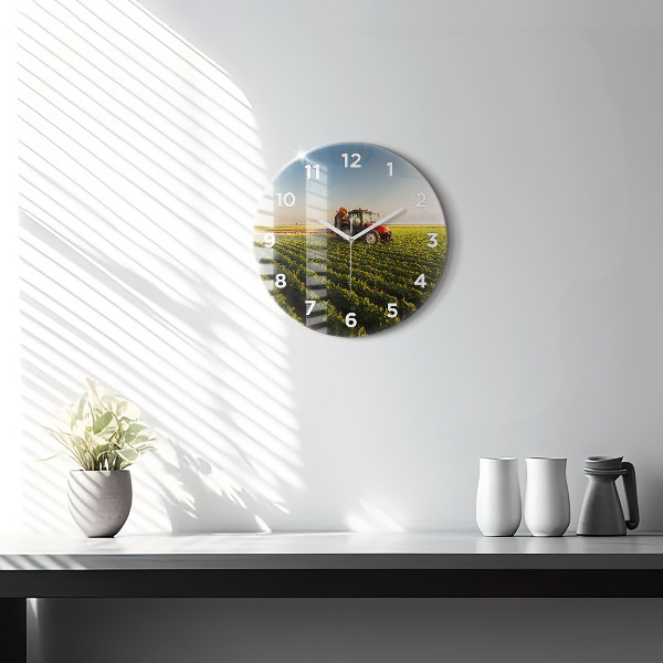 Zegar szklany okrągły Ciągnik na polu rolniczym