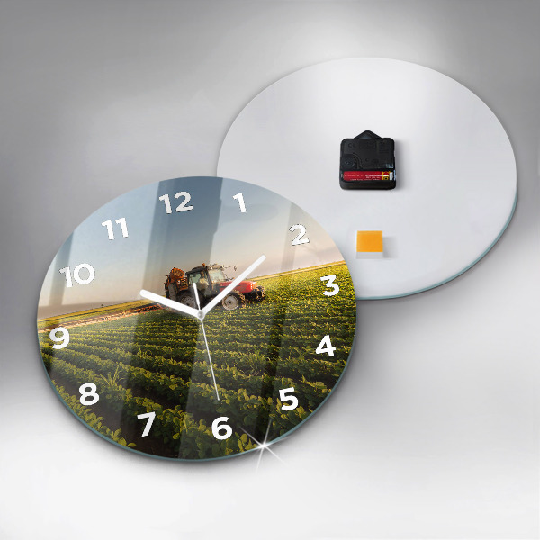 Zegar szklany okrągły Ciągnik na polu rolniczym