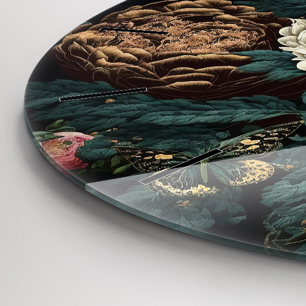 Zegar szklany okrągły Kwiat i złote motyle