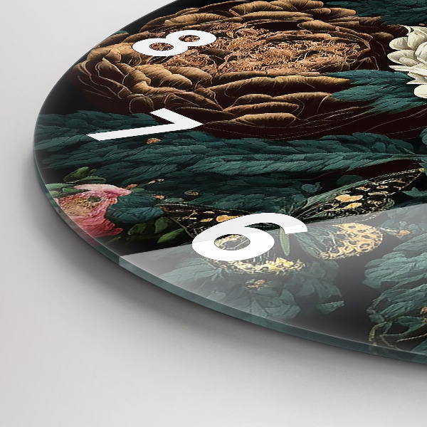 Zegar szklany okrągły Kwiat i złote motyle