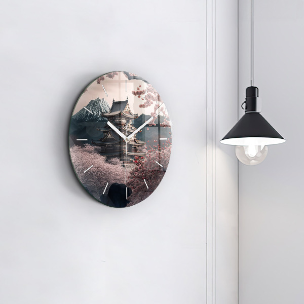 Zegar szklany okrągły Wieża i kwiaty w Azji