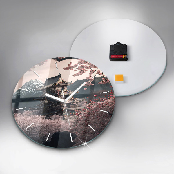 Zegar szklany okrągły Wieża i kwiaty w Azji