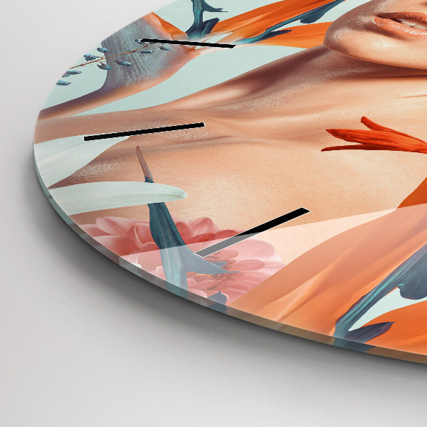 Zegar szklany okrągły Kobieta z kwiatami