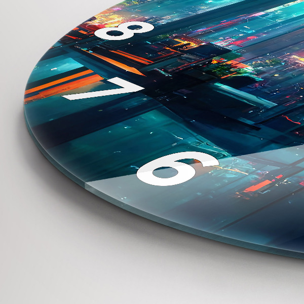 Zegar szklany okrągły Miasto w stylu cyberpunk