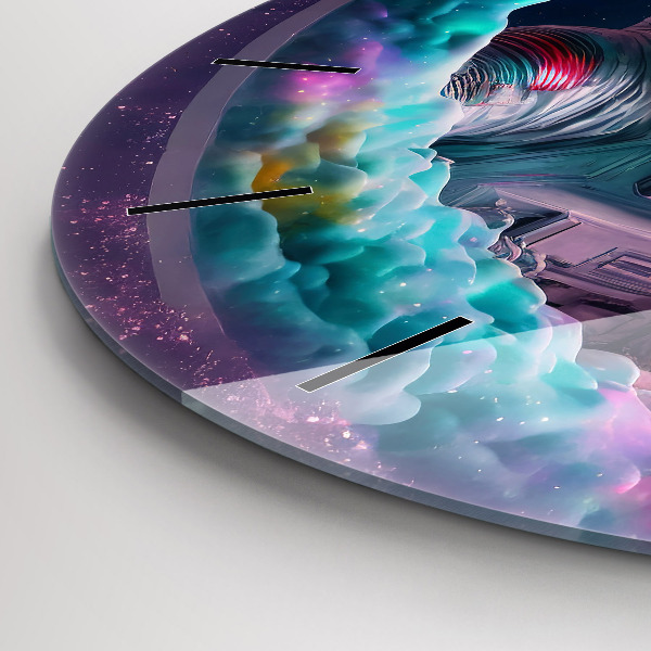 Zegar szklany okrągły Kosmonauta i barwne obłoki