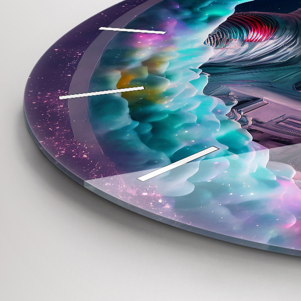 Zegar szklany okrągły Kosmonauta i barwne obłoki