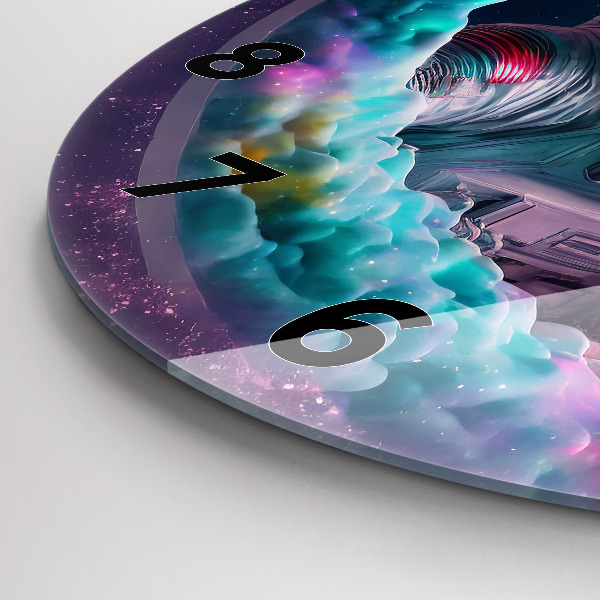 Zegar szklany okrągły Kosmonauta i barwne obłoki