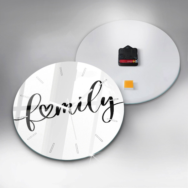 Zegar szklany okrągły Napis Family i serce