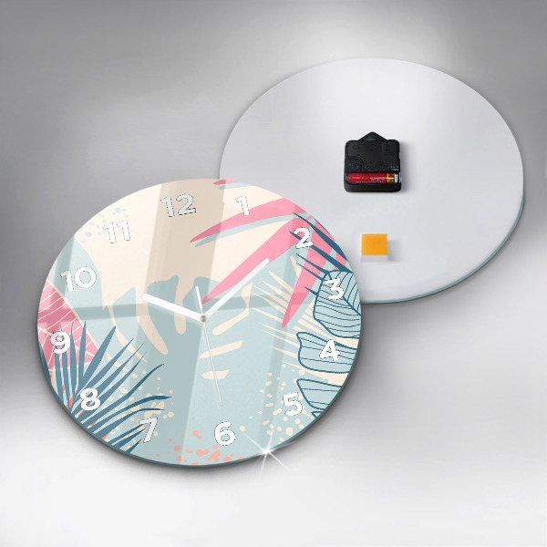 Zegar szklany okrągły Pastelowe liście – tropiki