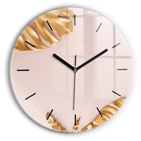 Zegar okrągły Złote liście tropikalne