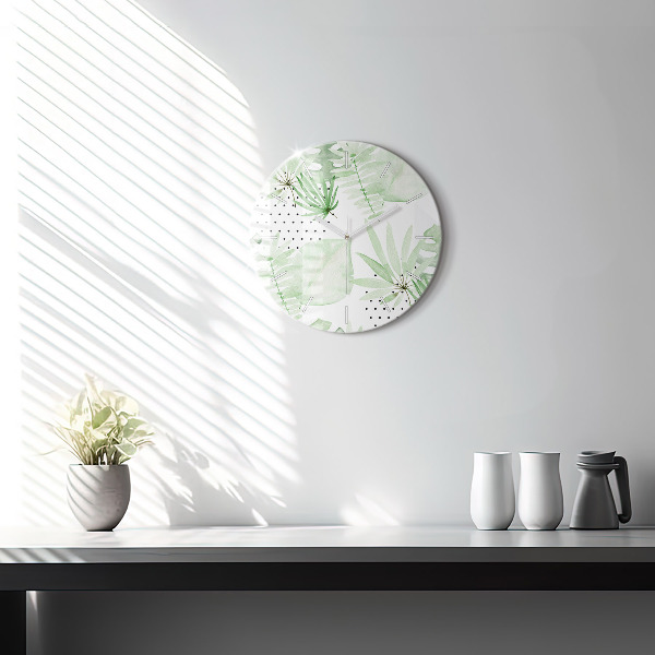 Zegar szklany okrągły Zielone liście